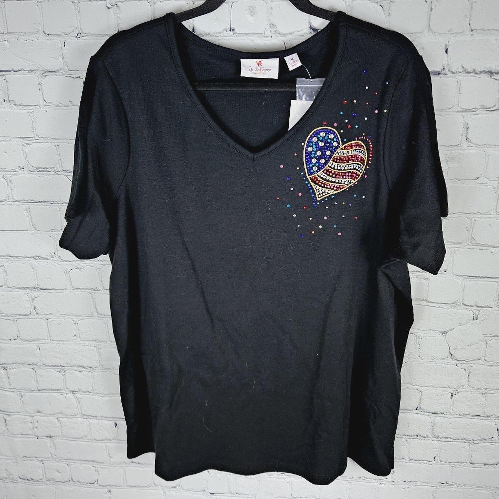 QUACKER FACTORY | bejeweled bedazzled flag heart v-neck short sleeve tee t-shirt
